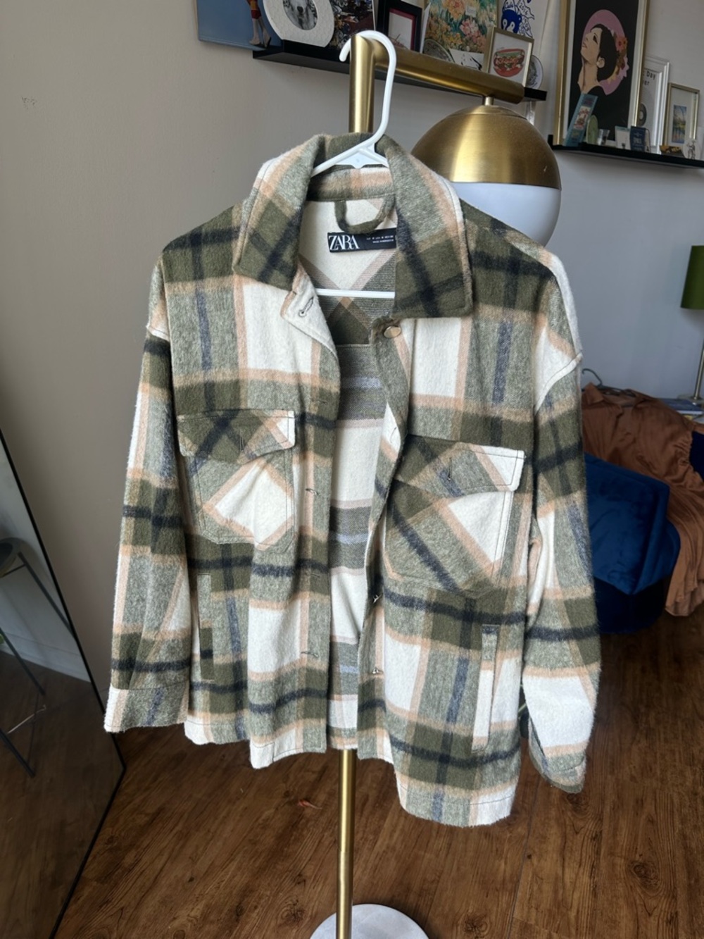 Zara Olive Green & Cream Plaid Wool Blend Shacket